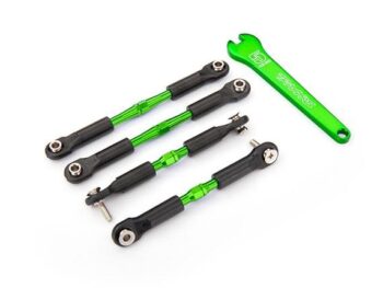 Traxxas TRX3741G Turnbuckles, aluminum (green-anodized), camber links, front, 39mm (2), rear, 49mm (2) (assembled w/rod ends & hollow balls)/ wrench - vier groene en zwar