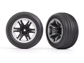 Traxxas TRX3771X Tires & wheels, assembled, glued (2.8') (RXT black & satin wheels, ribbed tires, foam inserts) (electric front) (2) - twee geassemble