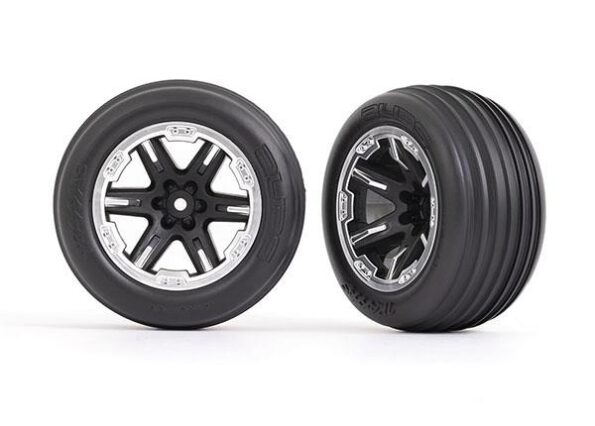 Traxxas TRX3771X Tires & wheels, assembled, glued (2.8') (RXT black & satin wheels, ribbed tires, foam inserts) (electric front) (2)