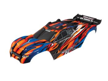 Traxxas TRX6717T Body, Rustler 4X4 VXL, orange/ window, grille, lights decal sheet (assembled with front & rear body mounts and rear body support for clipless mounting) - een felge