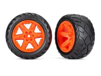 Traxxas TRX6775A Tires & wheels, assembled, glued (2.8') (RXT orange wheels, Anaconda tires, foam inserts) (4WD electric front/rear, 2WD electric front only) (2) (TSM rated) - twee g
