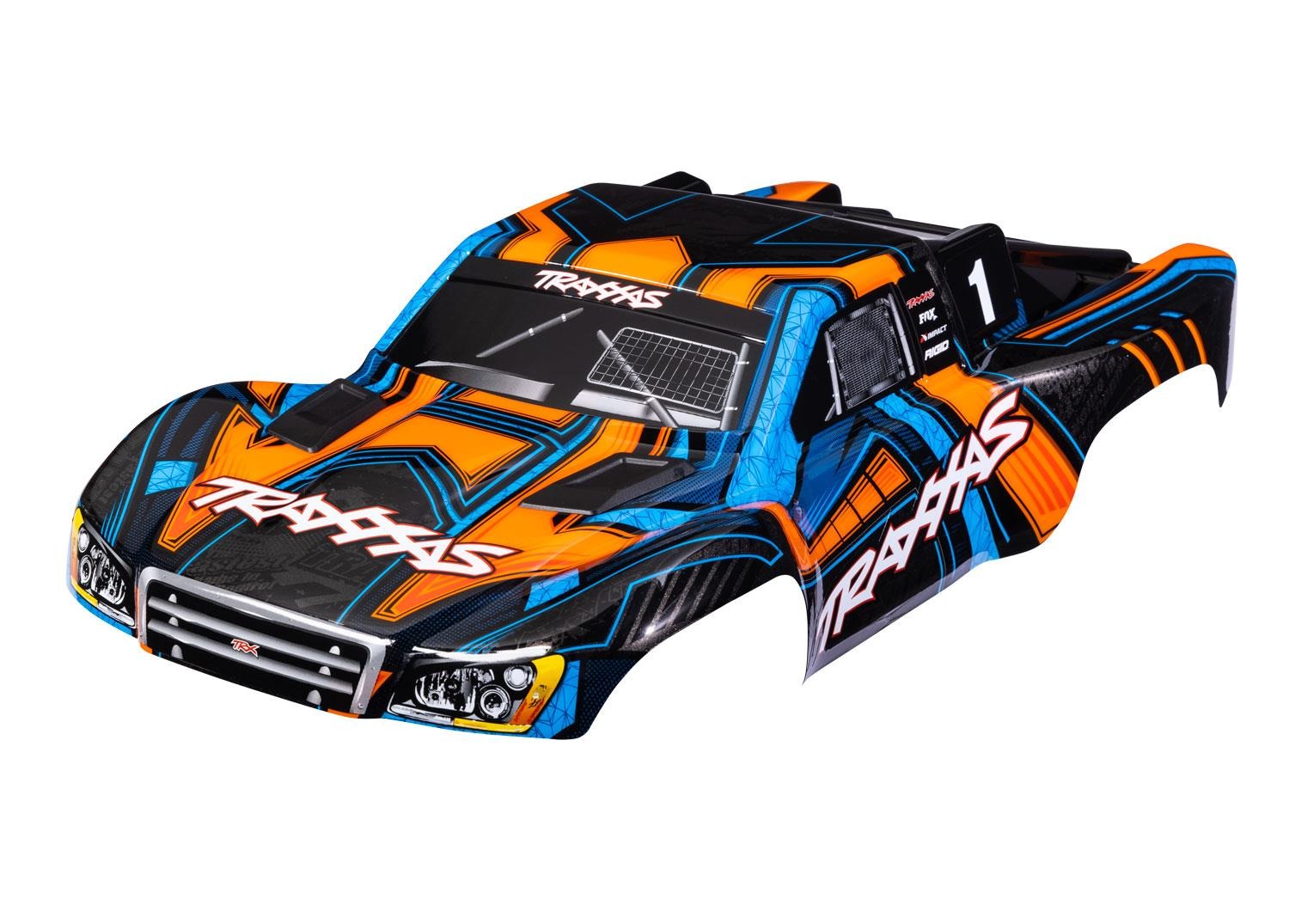 Body, Slash 4X4 (also fits Slash VXL & Slash 2WD), orange and blue (painted, decals applied) (assembled with front & rear latches for clipless mounting) Traxxas TRX6844-ORNG Body, Slash 4X4 (also fits Slash VXL & Slash 2WD), orange and blue (painted, decals applied) (assembled with front & rear latches for clipless mounting) - een RC car body