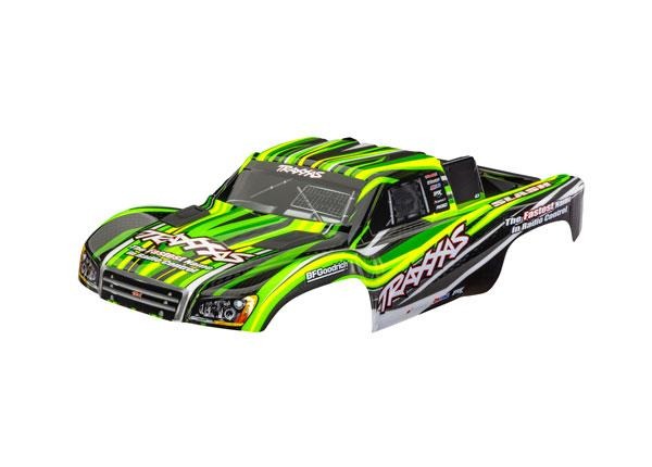 Body, Slash 4X4 (also fits Slash VXL & Slash 2WD), green (painted, decals applied) (assembled with front & rear latches for clipless mounting) Traxxas TRX6910-GRN Body, Slash 4X4 (also fits Slash VXL & Slash 2WD), green (painted, decals applied) (assembled with front & rear latches for clipless mounting) - een felgroene