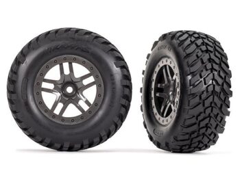 Traxxas TRX6964 Tires & wheels, assembled, glued (SCT Split-Spoke gray beadlock style wheels, SCT off-road racing tires, foam inserts) (2) (4WD f/r, 2WD rear) (TSM rated) - twee zwarte