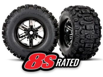 Traxxas TRX7774A Tires & wheels, assembled, glued (X-Maxx® black chrome wheels, Sledgehammer® tires, foam inserts) (left & right) (2) - twee zwar