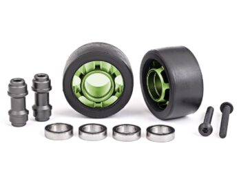 Traxxas TRX7775G Wheels, wheelie bar, 6061-T6 aluminum (green-anodized) (2)/ axle, wheelie bar, 6061-T6 aluminum (2)/ 10x15x4 ball bearings (4) - een set van twee