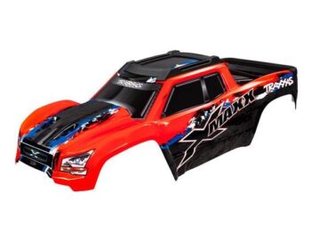 Traxxas TRX7811R BODY, X-MAXX, RED (PAINTED, DECALS APPLIED) (ASSEMBLED WITH FRONT & REAR BODY MOUNTS, REAR BODY SUPPORT, AND TAILGATE PROTECTOR) - een rode en zwar