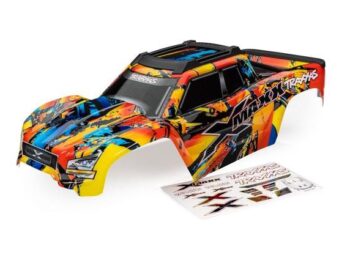 Traxxas TRX7811X Body, X-Maxx, Solar Flare (painted, decals applied) (assembled with front & rear body mounts, roof skid plate, rear body support, and tailgate protector) - een Traxx