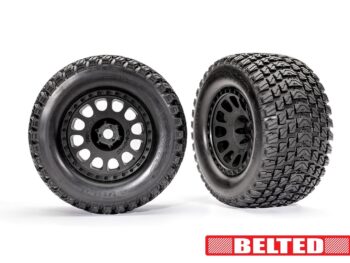 Traxxas TRX7862 Tires & wheels, assembled, glued (XRT Race black wheels, Gravix belted tires, dual profile (4.3' outer, 5.7' inner), foam inserts) (left & right) - twee zwarte