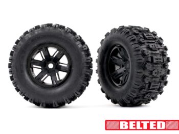 Traxxas TRX7871 Tires & wheels, assembled, glued (X-Maxx black wheels, Sledgehammer belted tires, dual profile (4.3' outer, 5.7' inner), foam inserts) (left & right) - twee