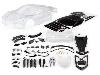 Traxxas TRX9311 Body, Chevrolet Corvette Stingray (clear, trimmed, requires painting)/ decal sheet (includes side mirrors, spoiler, grilles, vents, hardware, & clipless mounting) - een