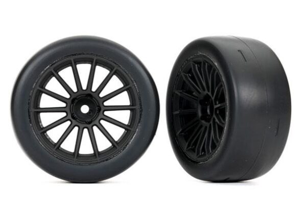 Traxxas TRX9375 Tires and wheels, assembled, glued (multi-spoke black wheels, 2.0' ultra-wide slick tires foam inserts) (rear) (2)