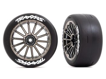 Traxxas TRX9375R Tires and wheels, assembled, glued (multi-spoke black chrome wheels, 2.0' slick tires with Traxxas logo, foam inserts) (rear) (2) (VXL rated)