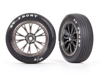 Traxxas TRX9474A Tires & wheels, assembled, glued (Weld satin black chrome wheels, tires, foam inserts) (front) (2) - twee zwarte RC