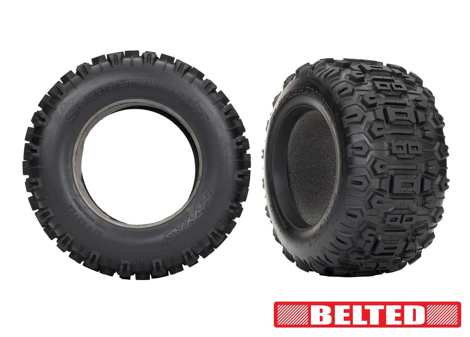 Tires, Sledgehammer (belted) (2)/ foam inserts (2) Traxxas TRX9571 Tires, Sledgehammer (belted) (2)/ foam inserts (2) - twee zwarte RC-autob