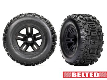 Traxxas TRX9573 Tires & wheels, assembled, glued (3.8' black wheels, belted Sledgehammer tires, foam inserts) (2) - twee zwarte RC