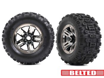 Traxxas TRX9573A Tires & wheels, assembled, glued (3.8' black chrome wheels, belted Sledgehammer tires, foam inserts) (2) - twee g