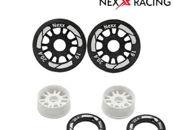Nexx racing NXUSA-EVO-F-0.5-19-W Nexx Racing 19mm Threaded Carbon-Fiber Reinforced EVO Flanged Front Wheels (2 pcs) for Mini-Z, Offset 0.5 White - twee witte kunststof vel