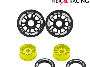 Nexx racing NXUSA-EVO-F-0-19-Y Nexx Racing 19mm Threaded Carbon-Fiber Reinforced EVO Flanged Front Wheels (2 pcs) for Mini-Z, Offset 0 Yellow - twee felgele velgen met