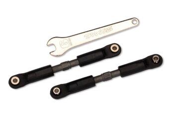 Twee zwarte Traxxas turnbuckles met een bijbehorende metalen steeksleutel op een witte achtergrond.