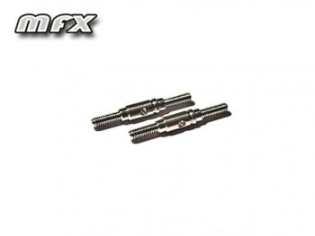 Twee zilverkleurige metalen turnbuckles met schroefdraad aan beide uiteinden op een witte achtergrond.