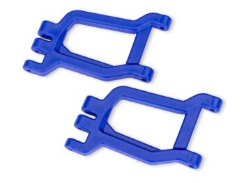 Twee blauwe kunststof draagarmen voor een radiografisch bestuurbare auto op een witte achtergrond.