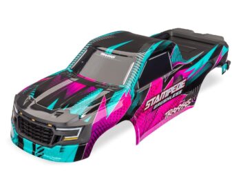 Zwarte Traxxas Stampede Brushless body met felroze en cyaan graphics.