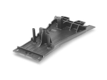 Zwart kunststof chassis onderdeel voor een Kyosho Mini-Z radiografisch bestuurbare auto.